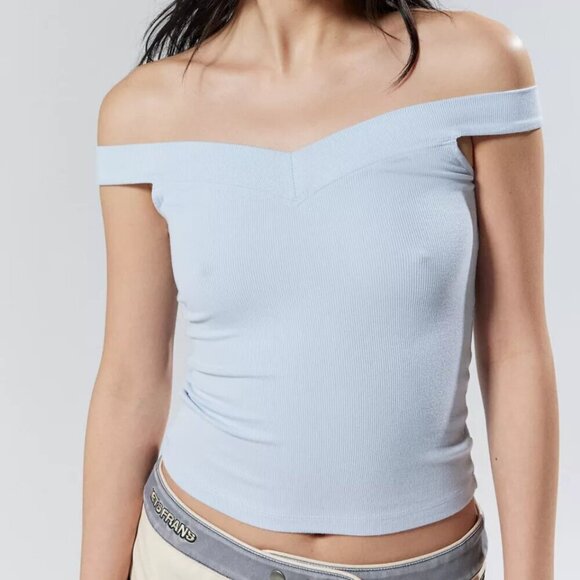 NWT UO Silence + Noise Veronica Off The Shoulder Blue Grey Tank Top - Picture 2 of 6